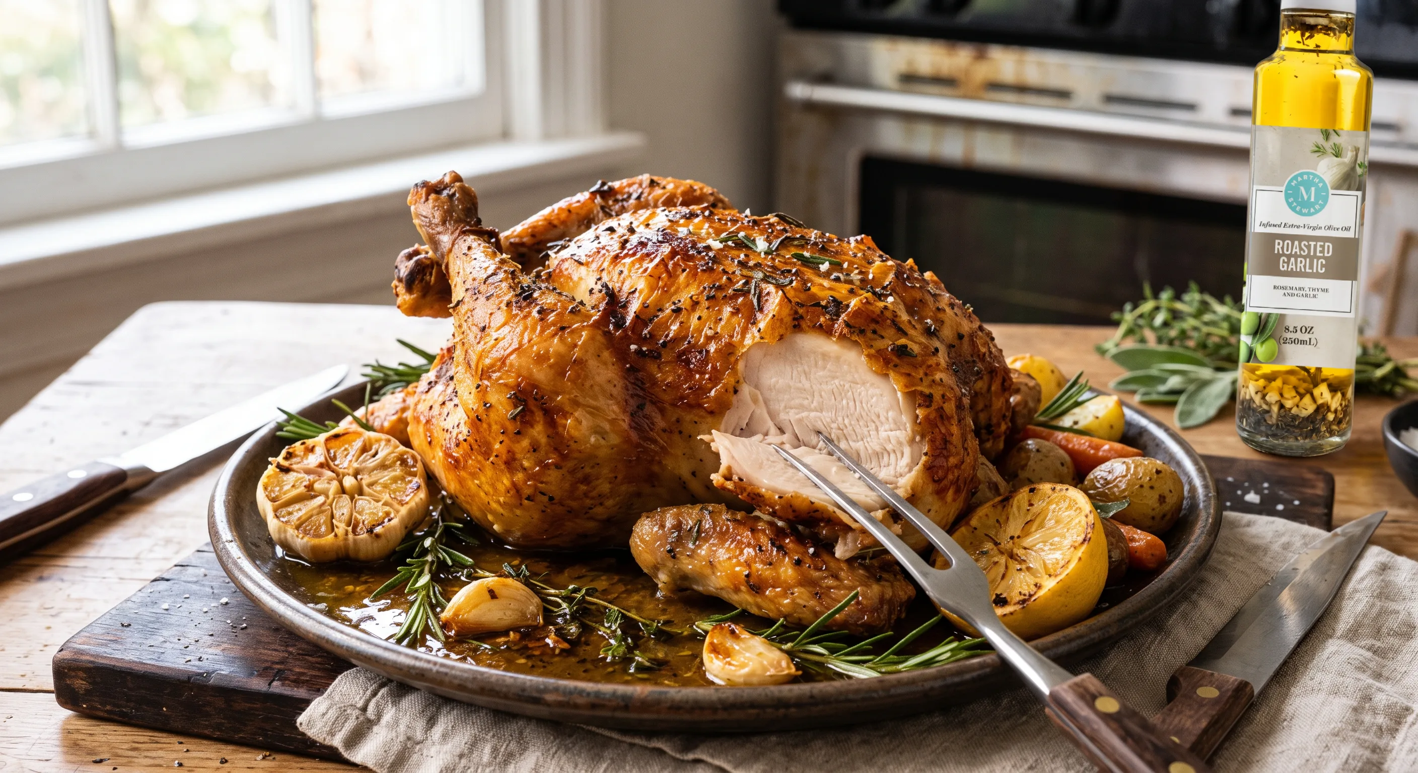 Crispy Roasted Whole Chicken with Roasted Garlic Olive Oil